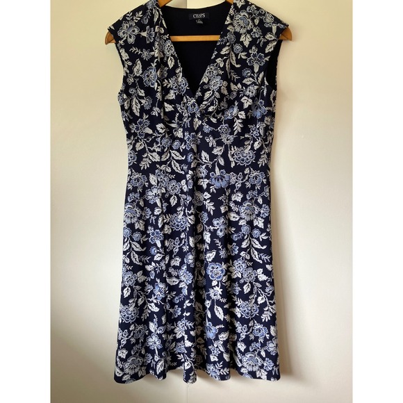 Chaps Ralph Lauren Floral Sleeveless Dress Navy Blue White Midi Dress Career - Picture 1 of 5